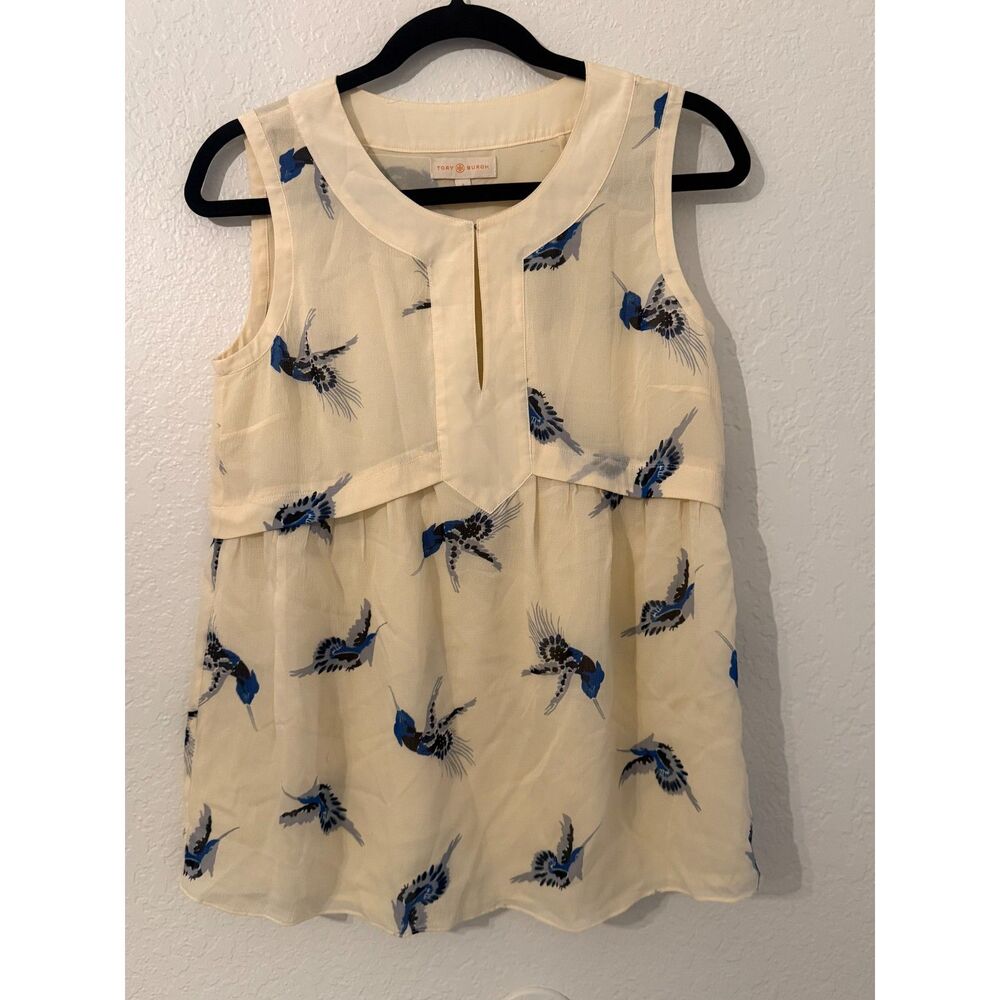 Tory Burch Silk Blend Bird Print Sleeveless Blouse Ivory Blue Size 4